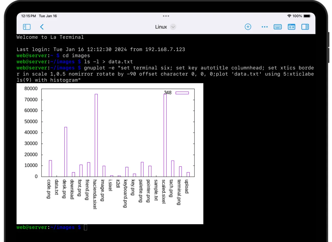 A histogram showing the relative sizes of images in bytes