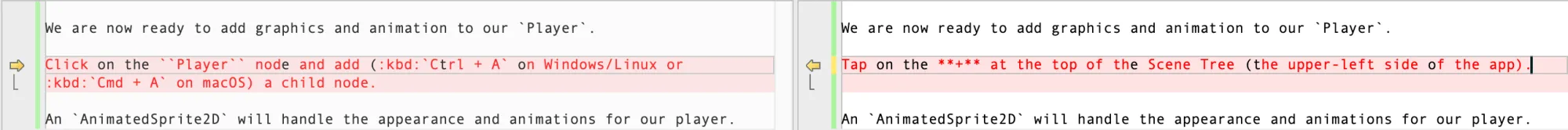 A diff of a tutorial step replacing mouse and keyboard cues with tap instructions