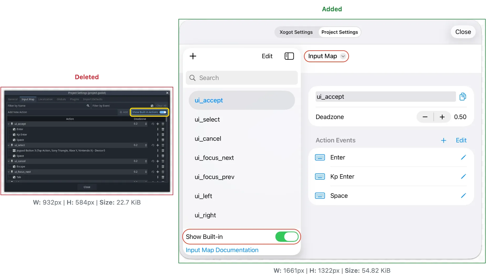 Screenshot of a visual diff from a git commit updating a Xogot input map project settings screenshot 