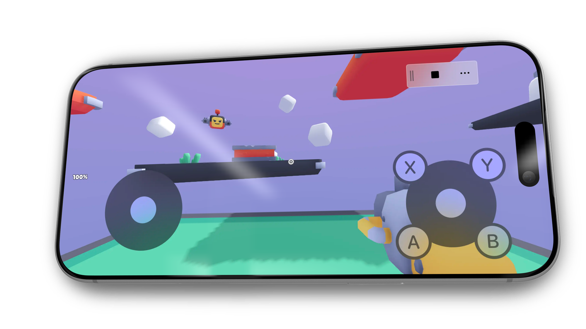 An iPhone running Kenney's FPS Starter Kit with onscreen controls enabled