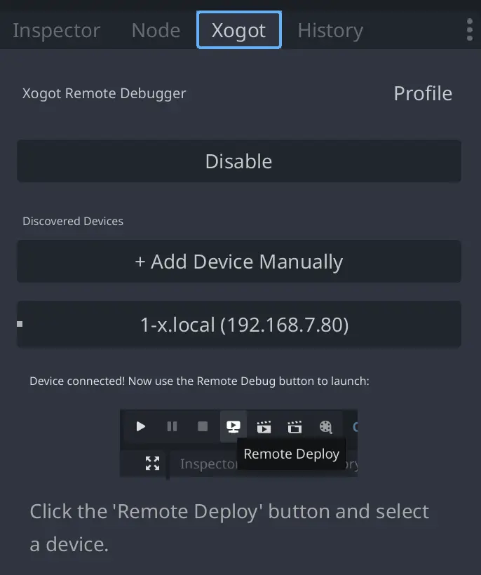 Screenshot of Xogot Connect tab in Godot