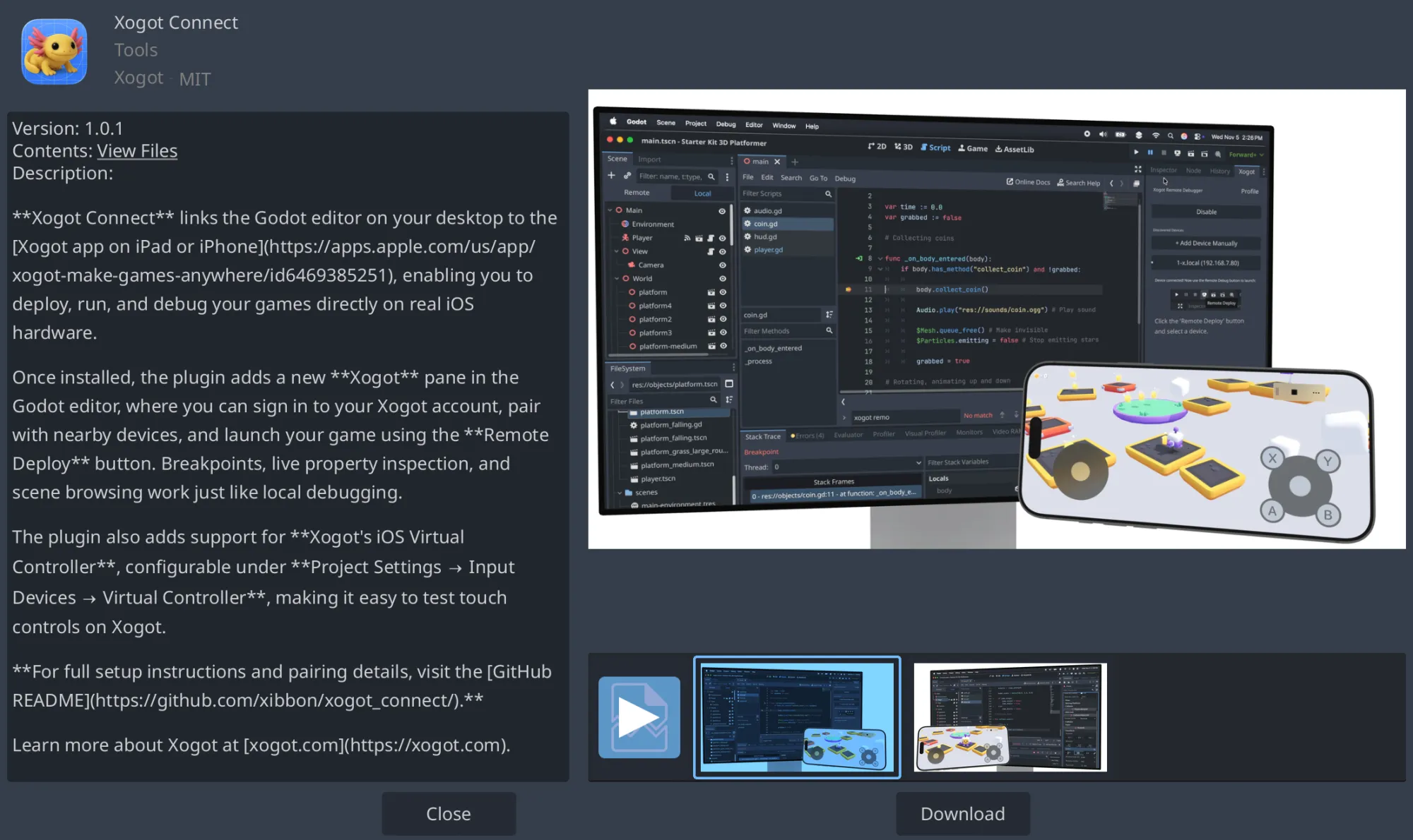 Screenshot of Xogot Connect in Godot's Asset Library