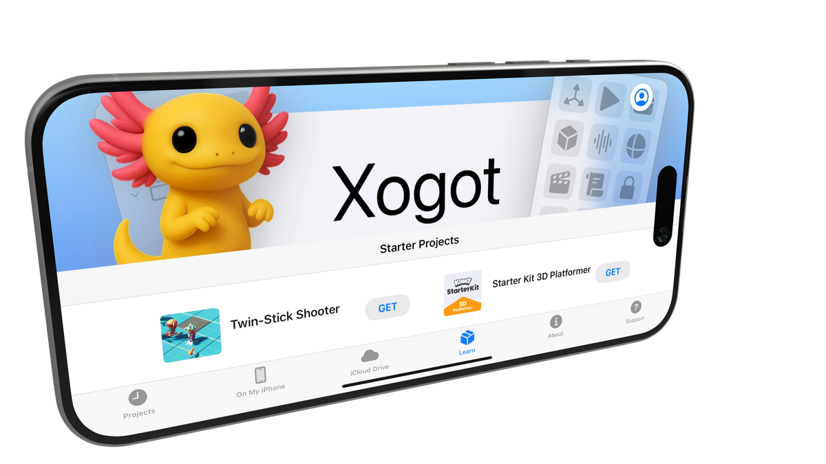 Xogot Learning Center displayed on an iPhone, featuring Axolotl Rex and a few starter projects