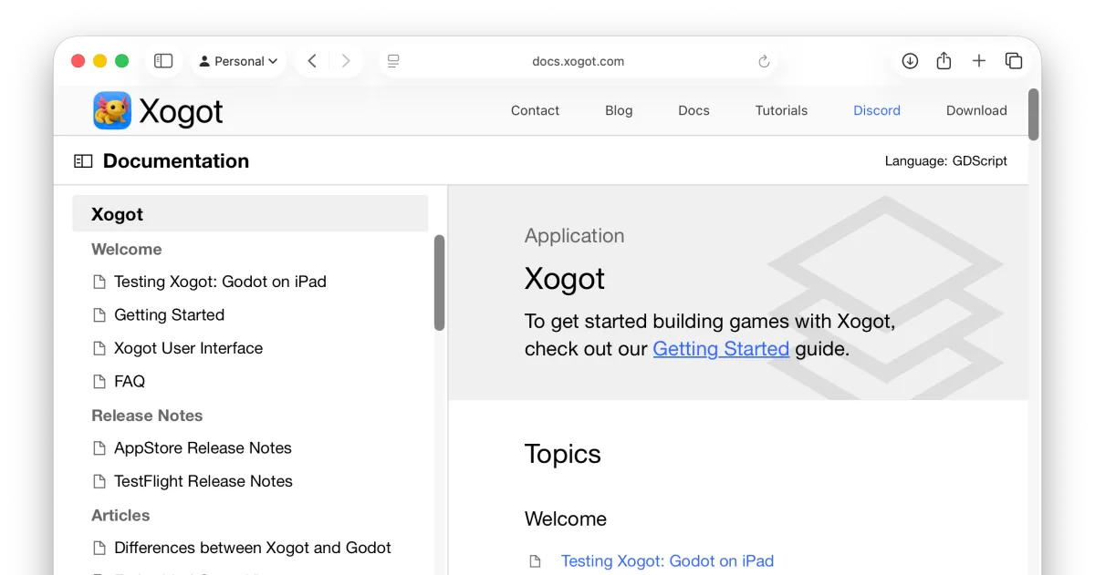 docs.xogot.com running in Safari (powered by DocC)