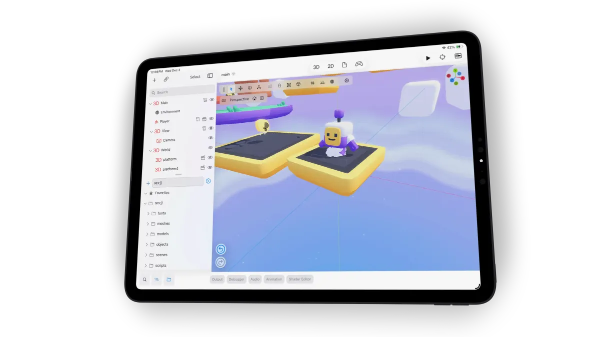 The latest, 4.5-based Kenney's 3D Platformer Starter kit running on Xogot on an iPad